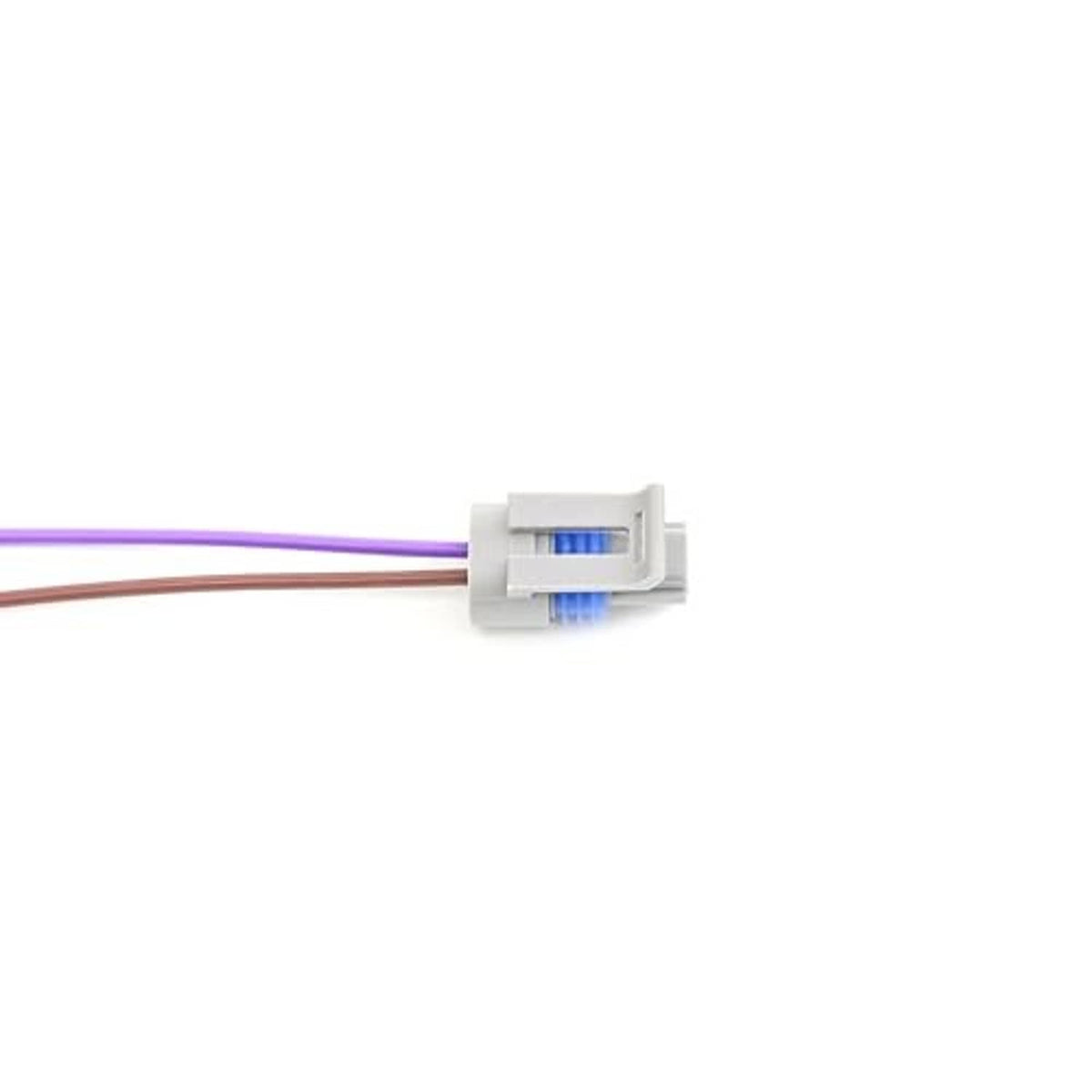 Sensor wiring connector pigtail with white connector body and purple/brown wires