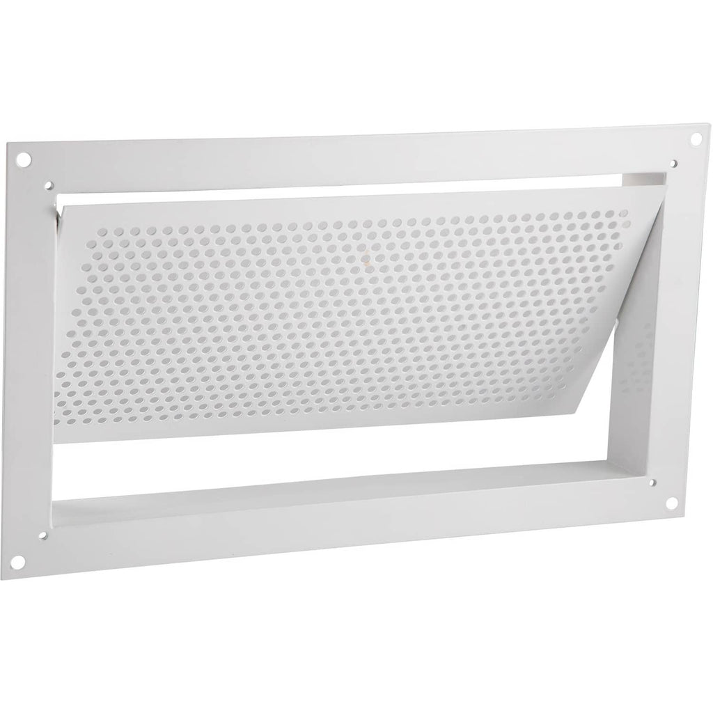 Foundation flood vent with perforated metal screen and rectangular wall frame