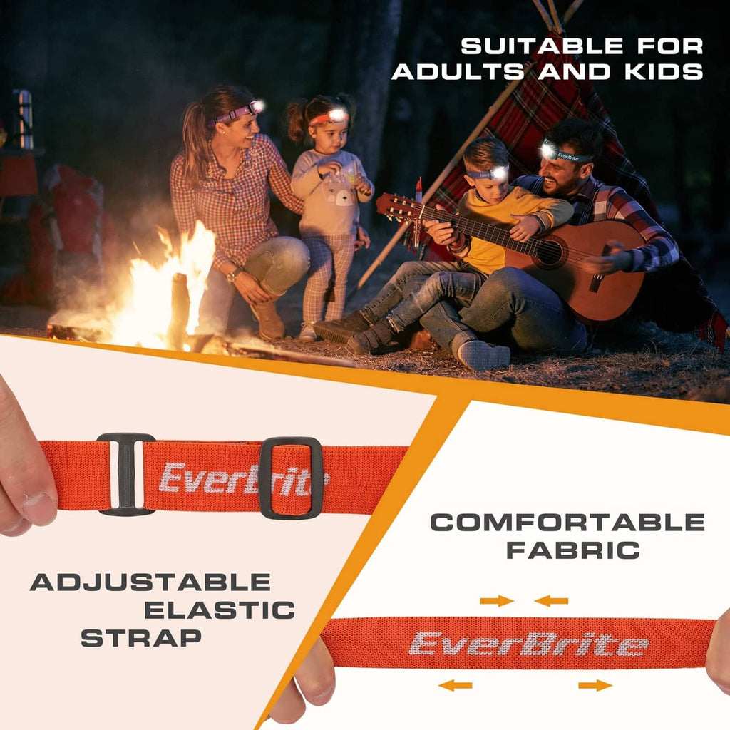 Adjustable kids headlamp with orange elastic strap and rectangular front light housing.