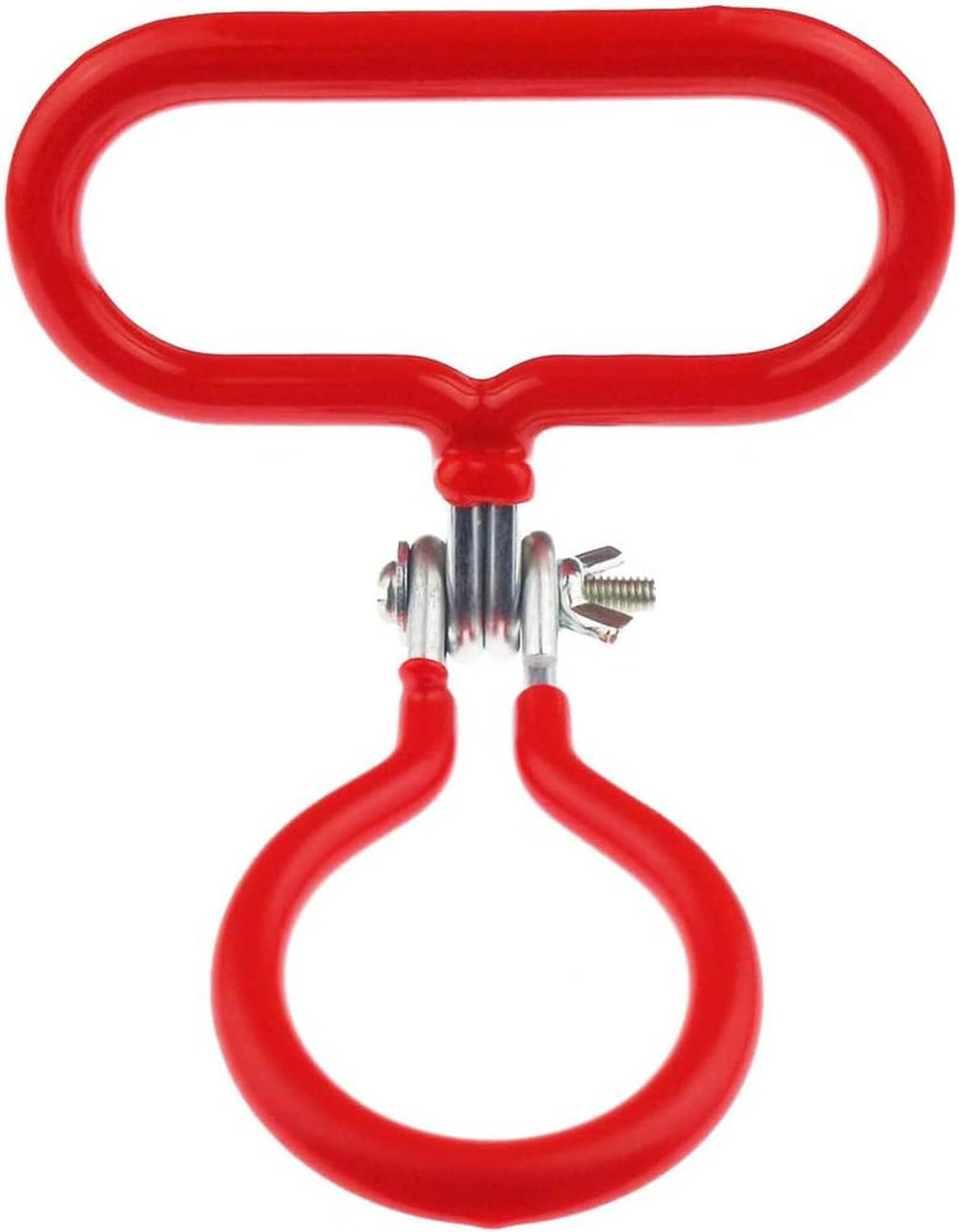 Red plastic carboy handle with metal clamp and screws, close-up