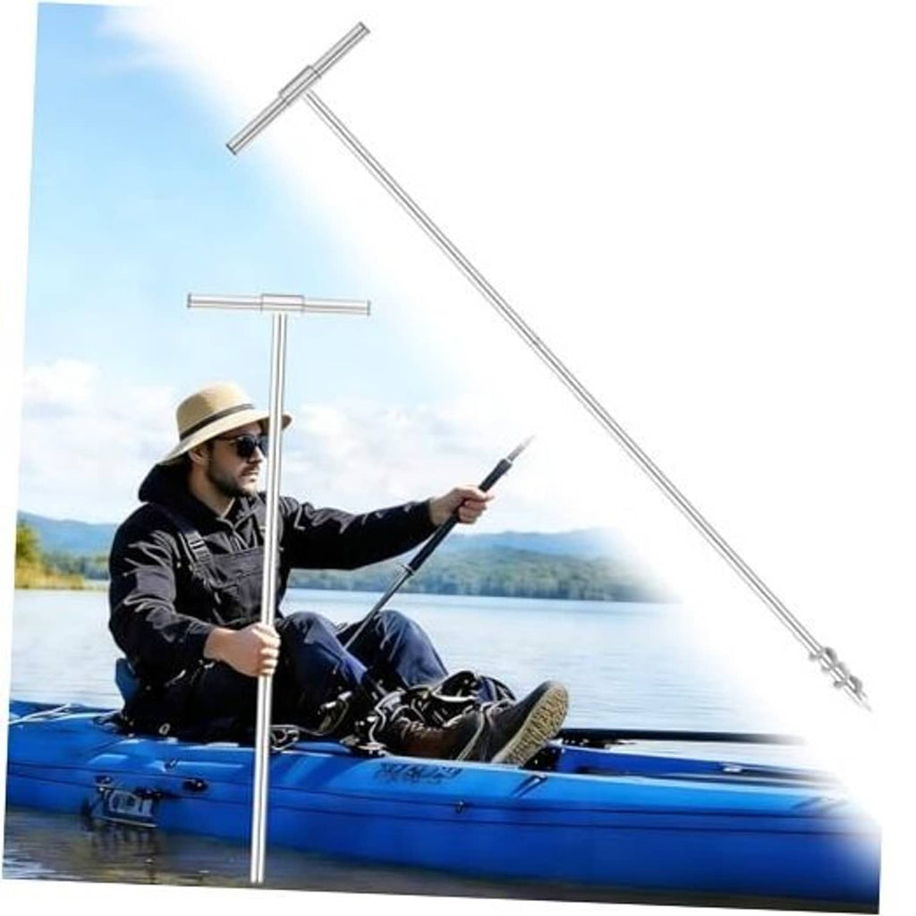 Portable stainless boat anchor pole with quick-lock base and crossbar
