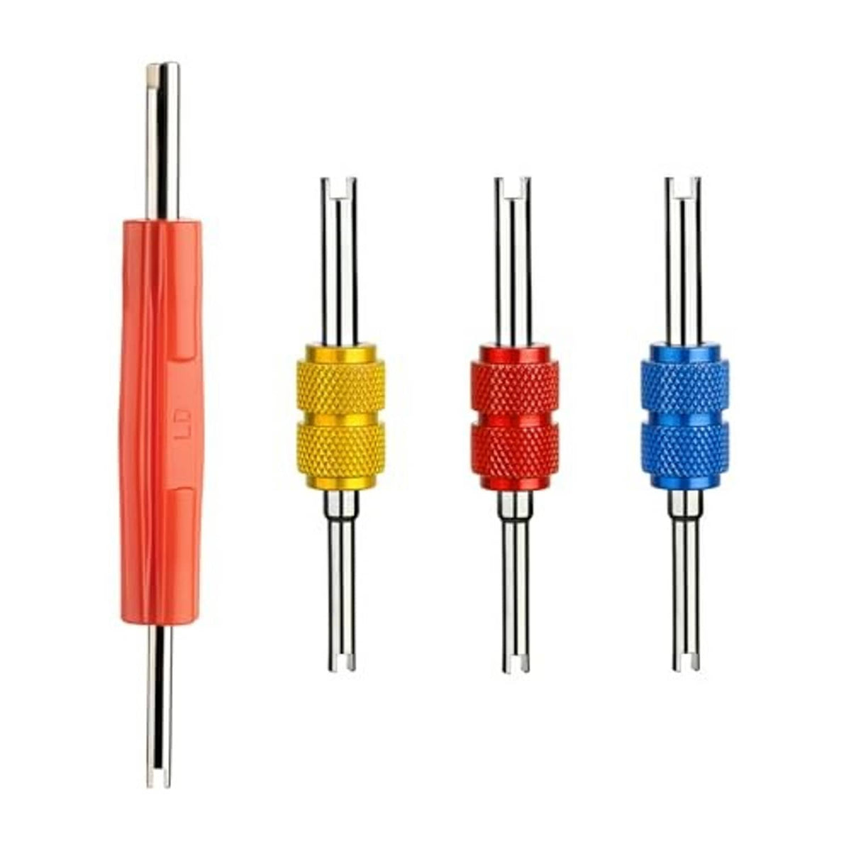 Valve core wrench set with one orange handle and three smaller colored heads