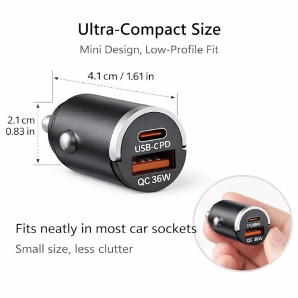 Compact black USB-C car charger with USB-C PD36W and QC36W ports, small size