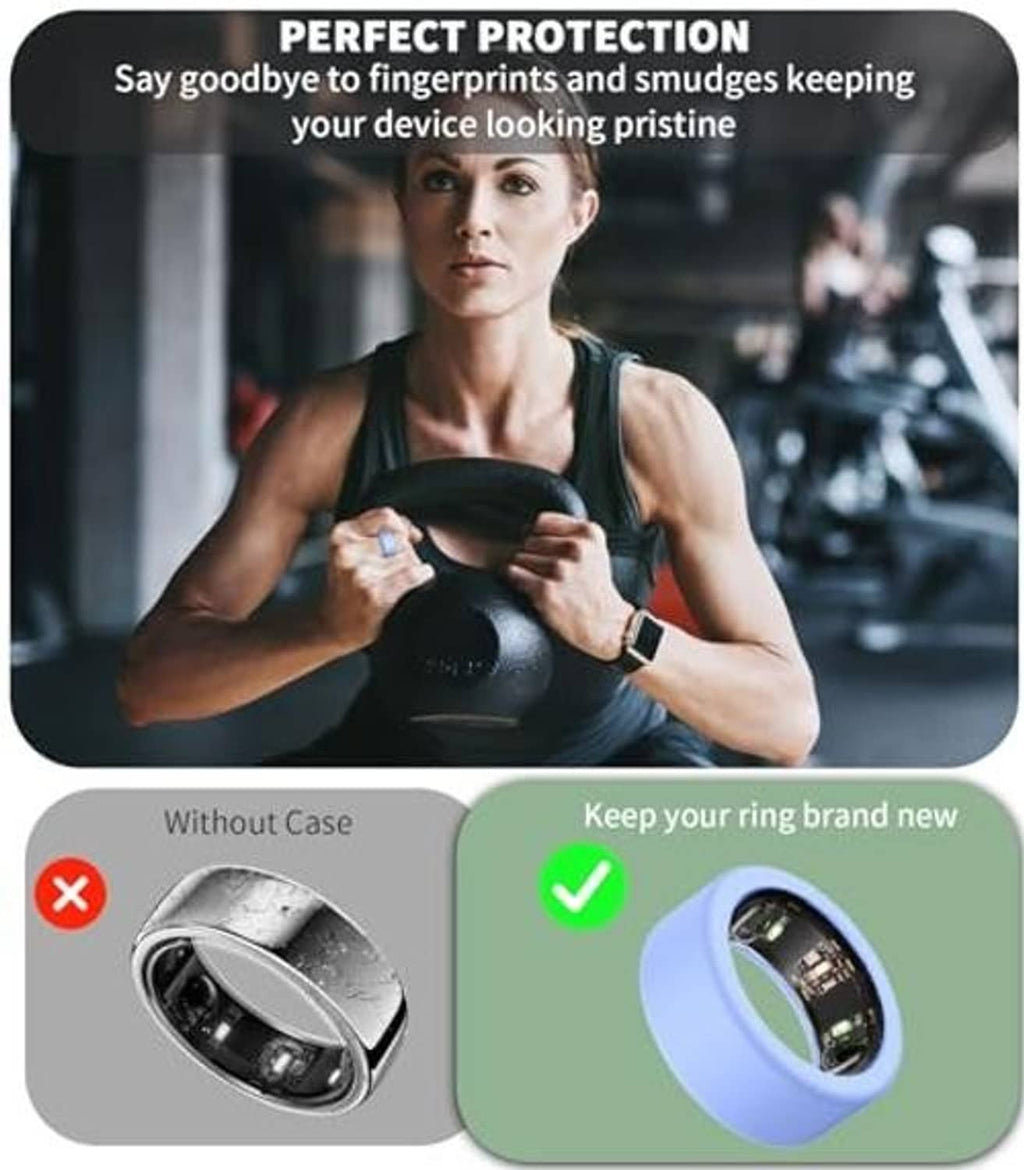 Silicone ring protector case covering a smartwatch-style ring, blue interior