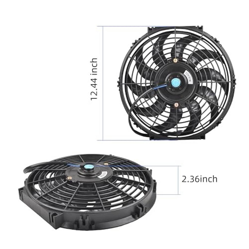 12-inch radiator cooling fan kit with black housing and base mount, top and side views