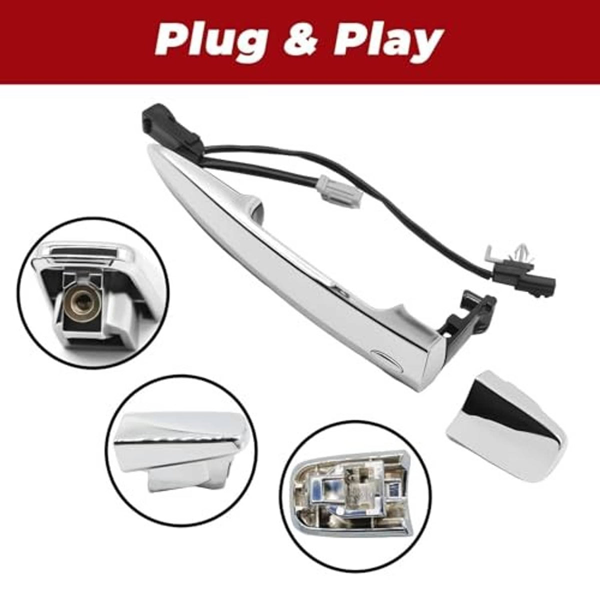 Plug-and-play exterior door handle with wiring connector, silver lever and black base