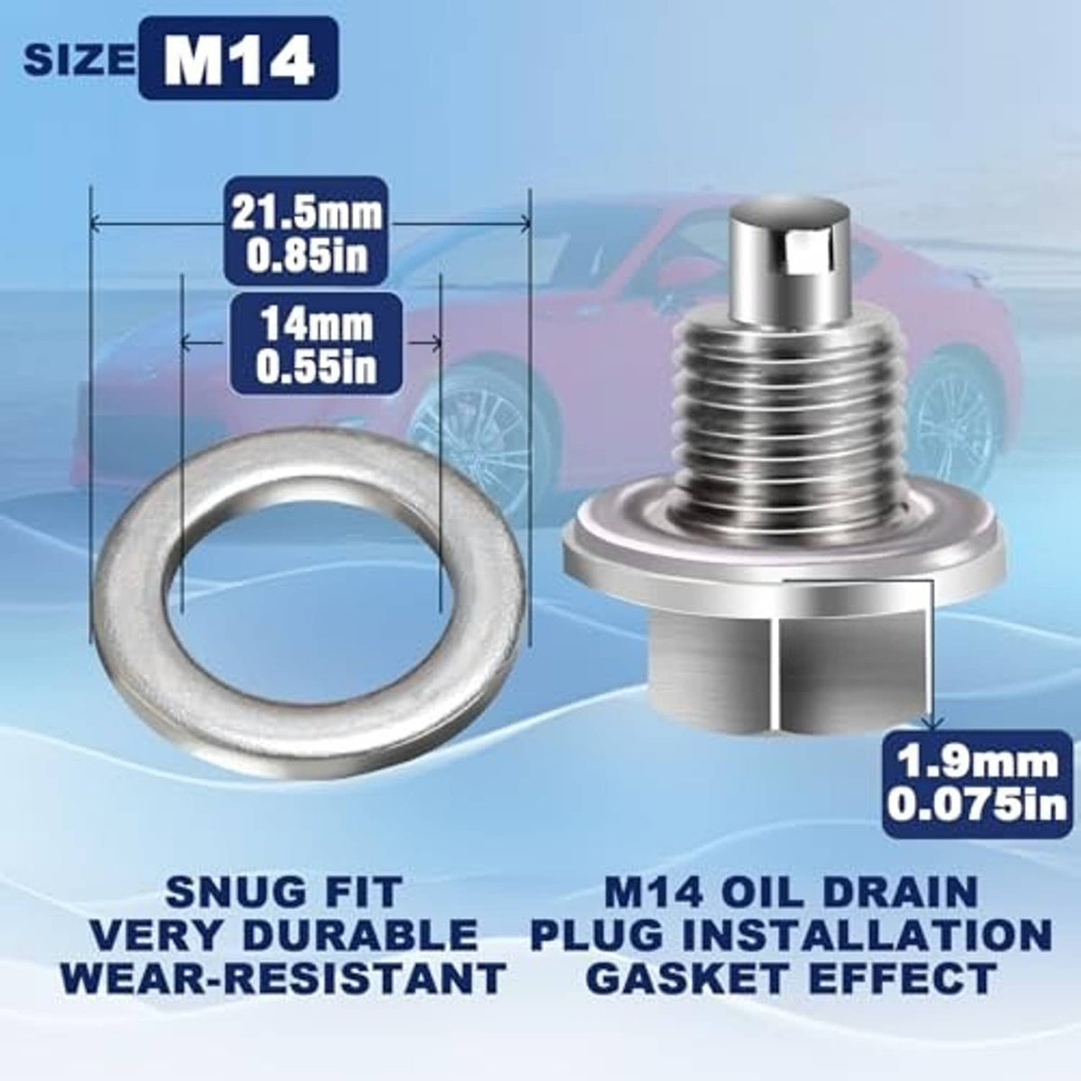 M14 oil drain plug gasket washer, silver metal ring with threaded insert and base