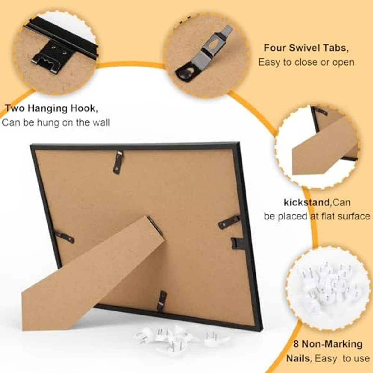 Black certificate frame back with hanging hooks, kickstand, and eight non-marking nails