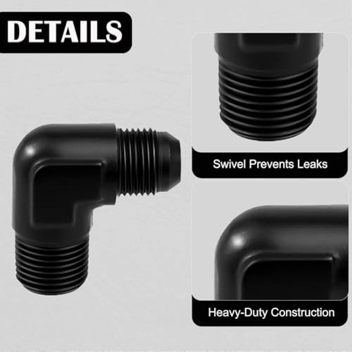 Black 90-degree elbow male fitting connector with curved body and threaded ends