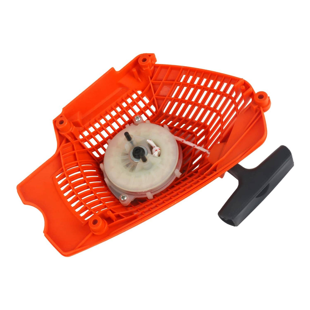 Orange recoil starter pull assembly with clear cover wheel and black handle on frame