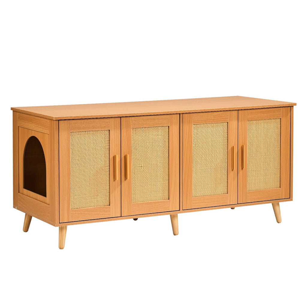 Wooden cat litter box enclosure cabinet with arched side entry and four mesh doors