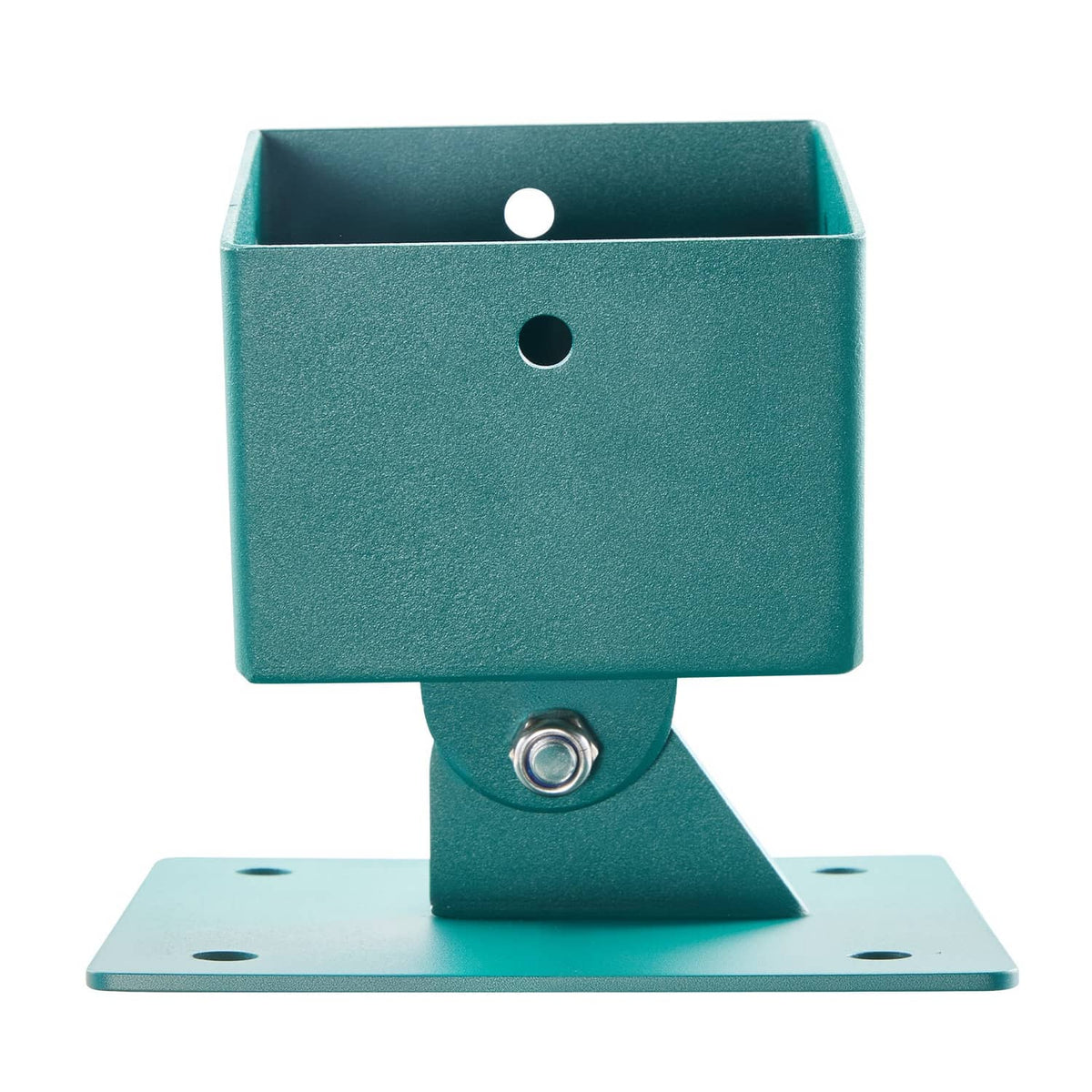 Teal swing set bracket base with open channel top and circular pivot on square mounting plate