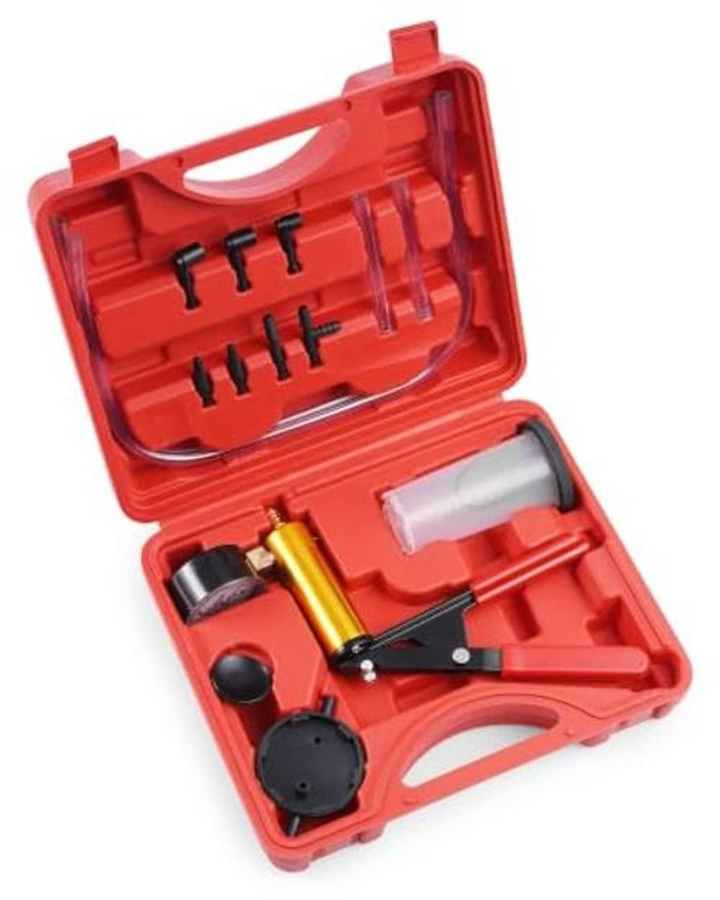 Red vacuum brake bleeder kit case with vacuum pump handle, adapters, and hoses