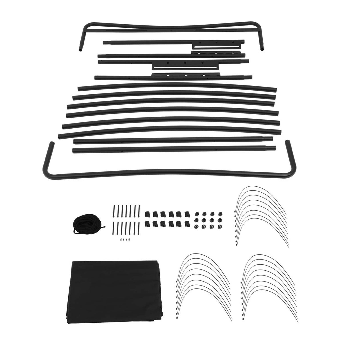 Golf cart roof canopy parts kit: black fabric, metal bars, straps, and fasteners.