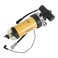 Fuel pump and filter assembly with yellow canister, black head, and electrical wiring