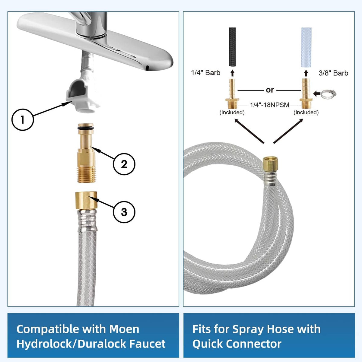 Kitchen sink sprayer hose connectors with 1/4-inch and 3/8-inch barb fittings