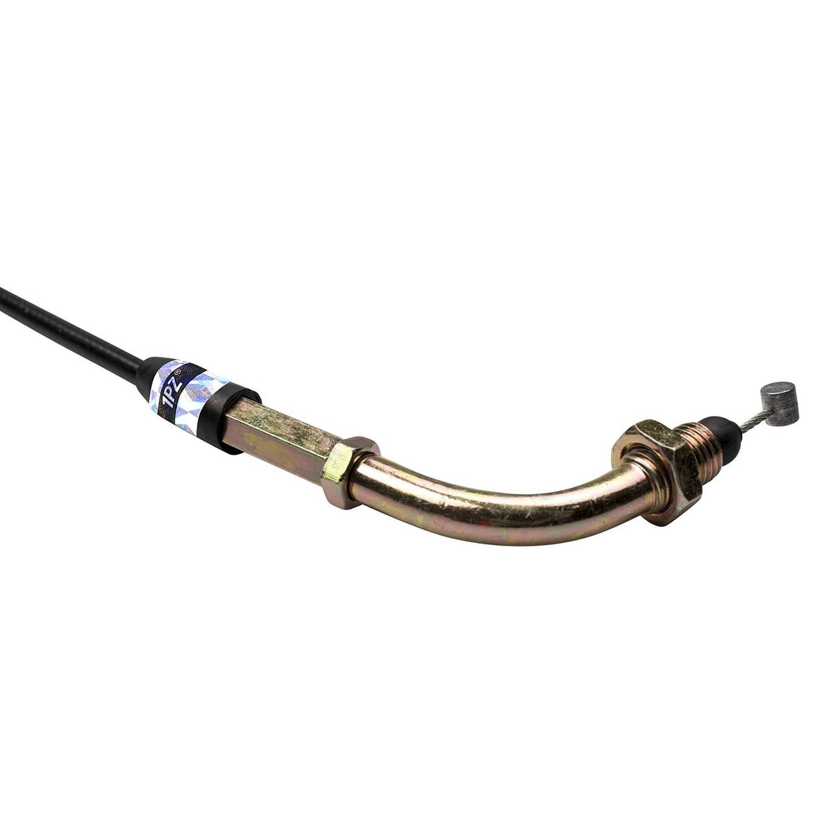 Throttle cable with curved brass fittings and black cable housing