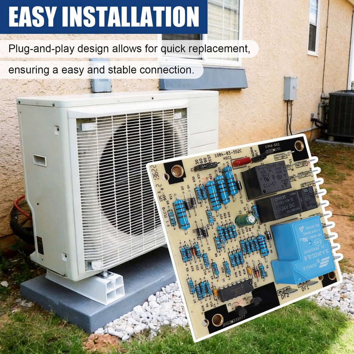 Defrost control board with blue relay attached to an outdoor heat pump for replacement