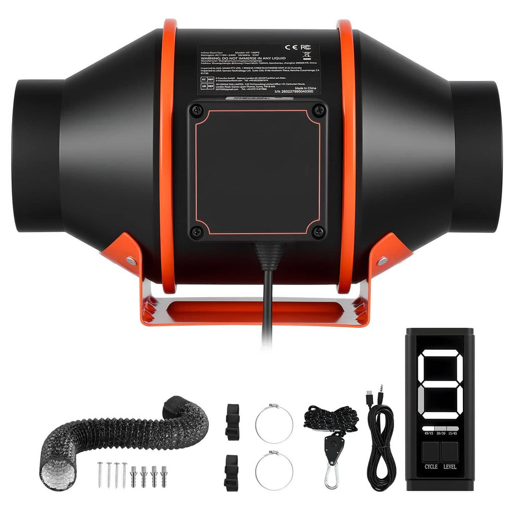Inline ventilation fan kit with black housing and orange accents, plus control and accessories.