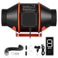 Inline ventilation fan kit with black housing and orange accents, plus control and accessories.