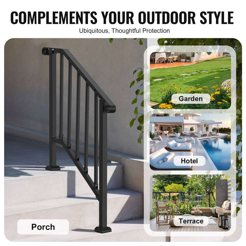 Black 2–3 step outdoor porch stair handrail with smooth top handle