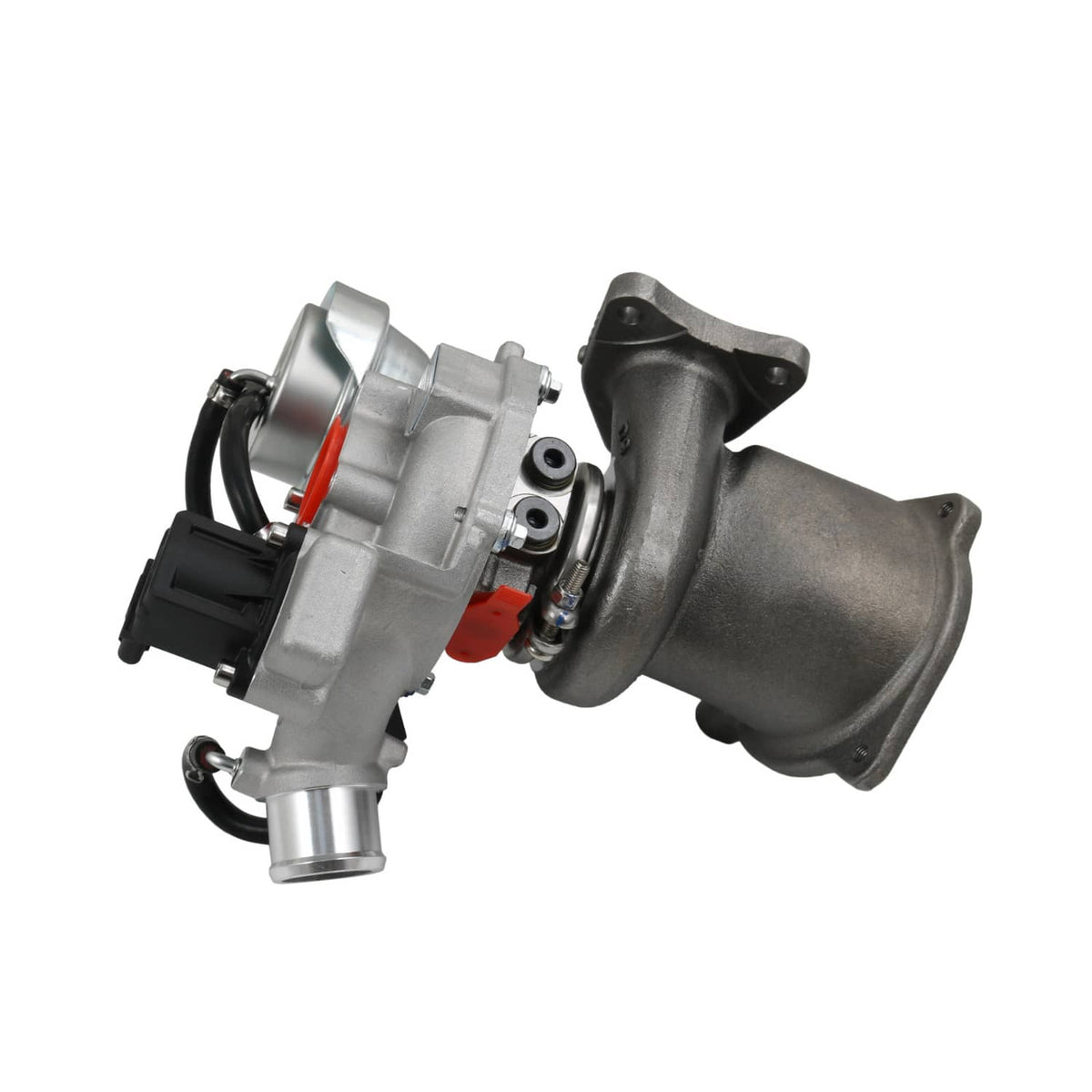 Turbocharger side view with cast exhaust housing and silver inlet port