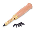 Auto leather screw punch tool with wooden handle, brass head, and six black tips