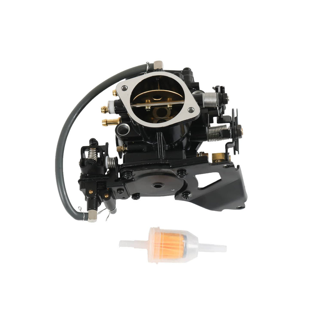 Black carburetor assembly with throttle body and fuel line, side view