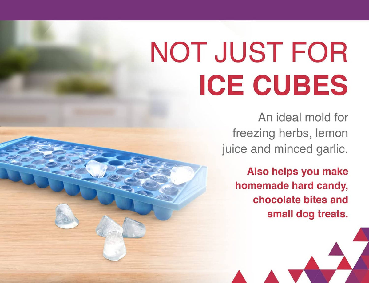 Blue ice cube tray with clear molded ice cubes arranged on the surface