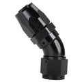 Black 45-degree elbow swivel hose end fitting with smooth end cap