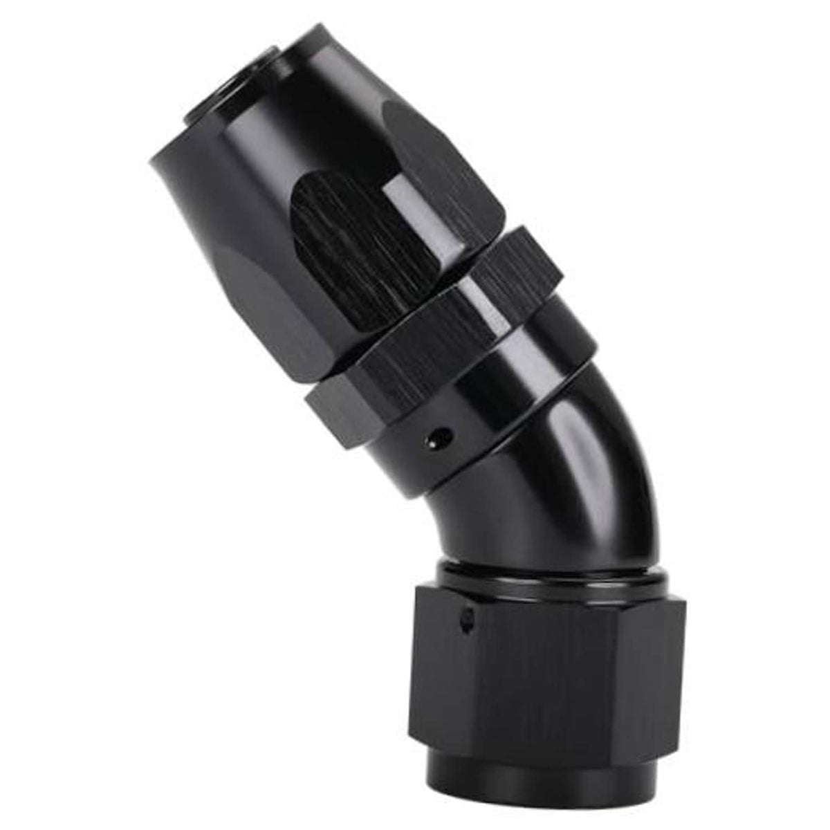 Black 45-degree elbow swivel hose end fitting with smooth end cap