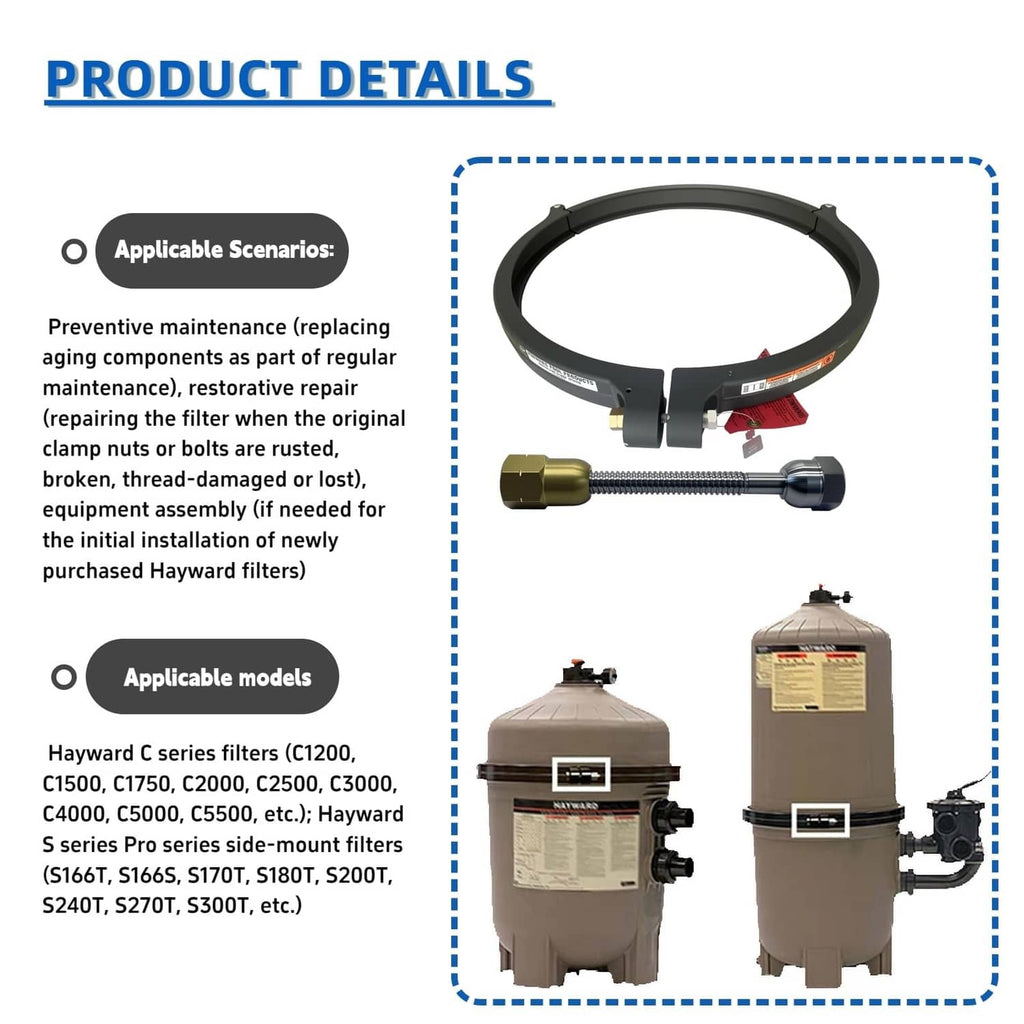 Clamp nut and bolt with black clamp ring for pool filter housing connection