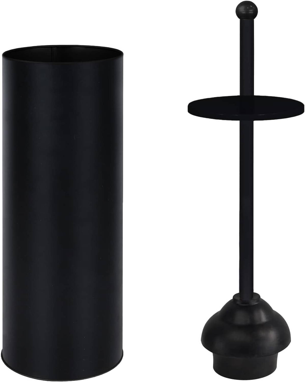 Matte black toilet plunger with cylindrical holder, round base and rod