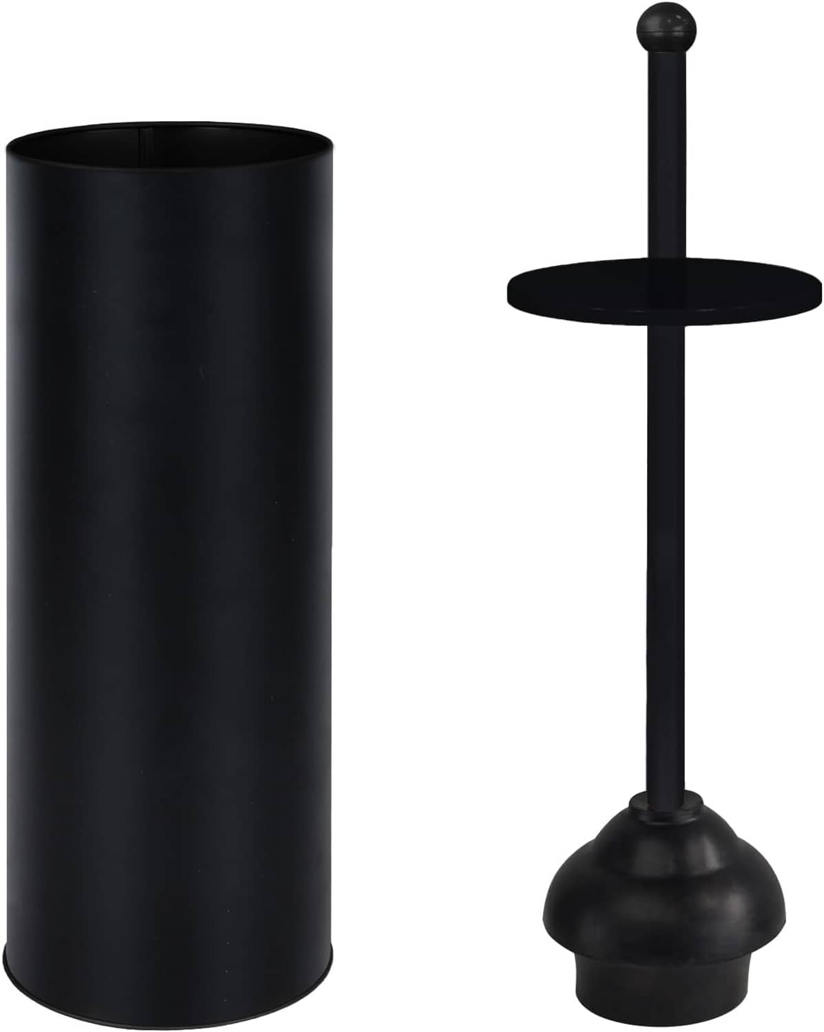 Matte black toilet plunger with cylindrical holder, round base and rod