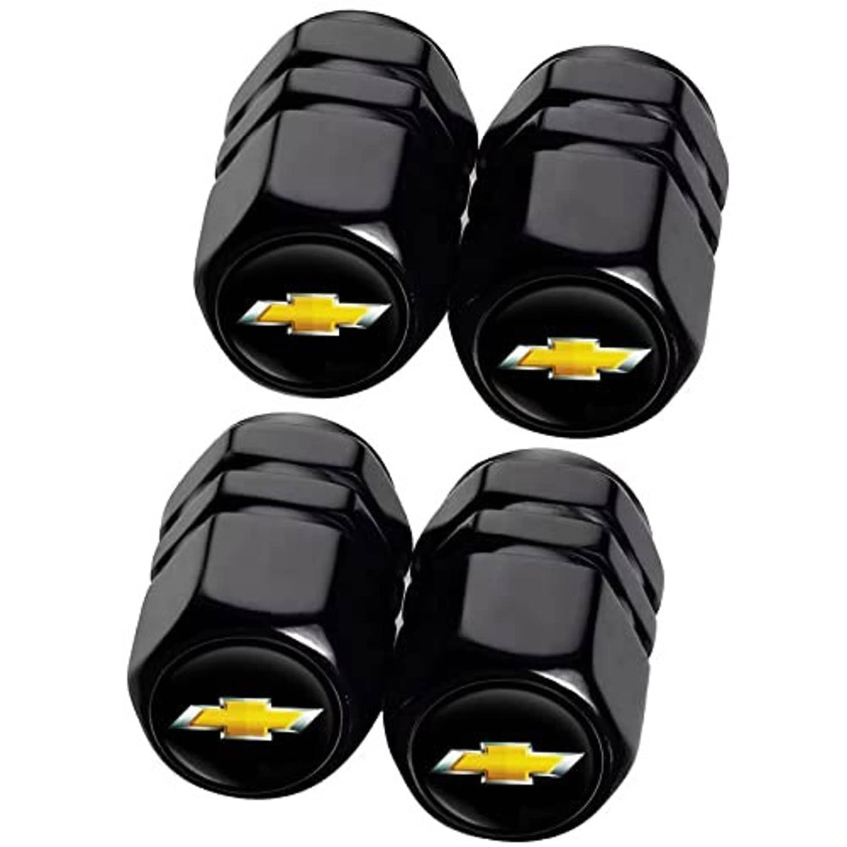Four black valve stem caps with faceted design and gold bowtie logo