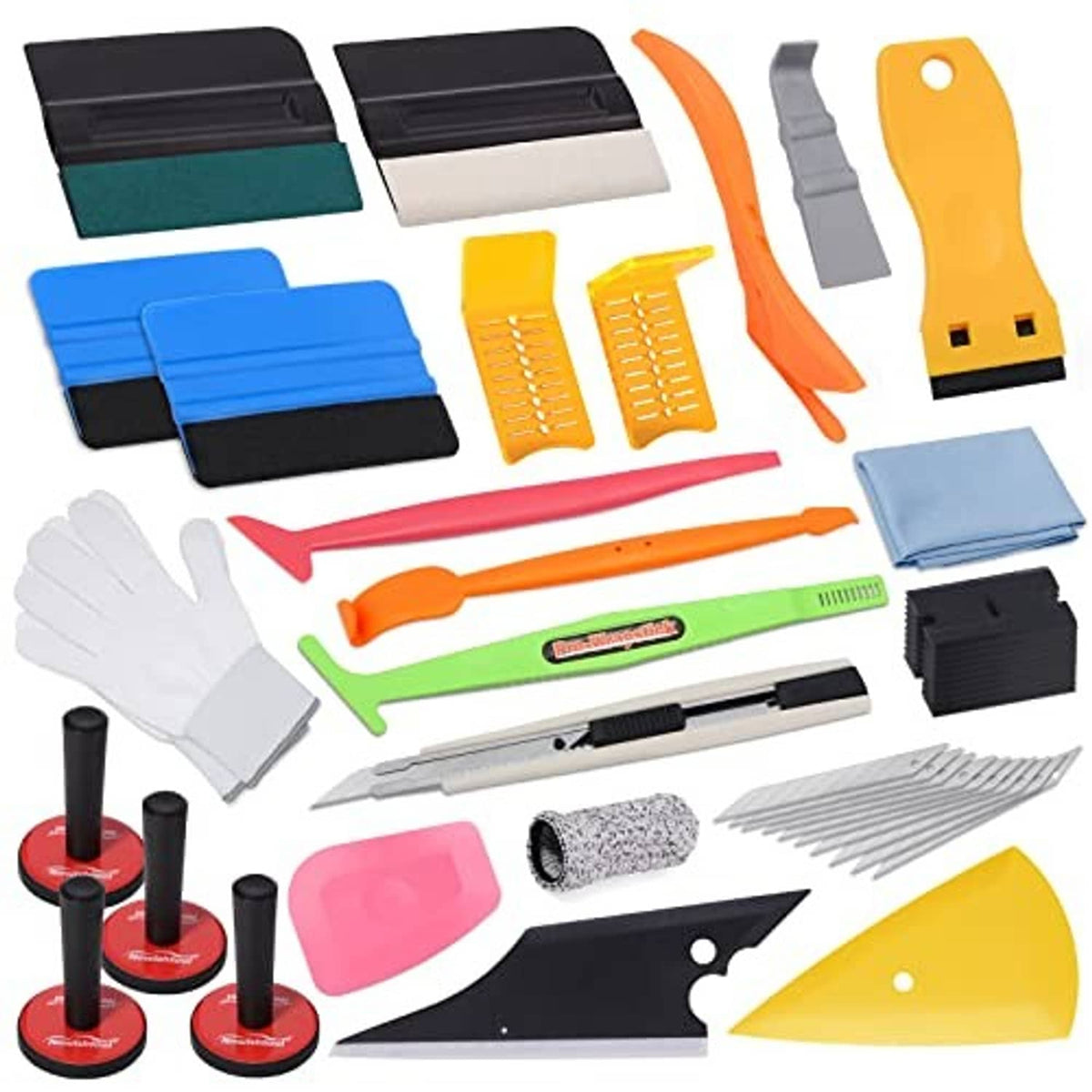 Window tint film wrapping tool kit with squeegees, gloves, blades, and edging felt pads