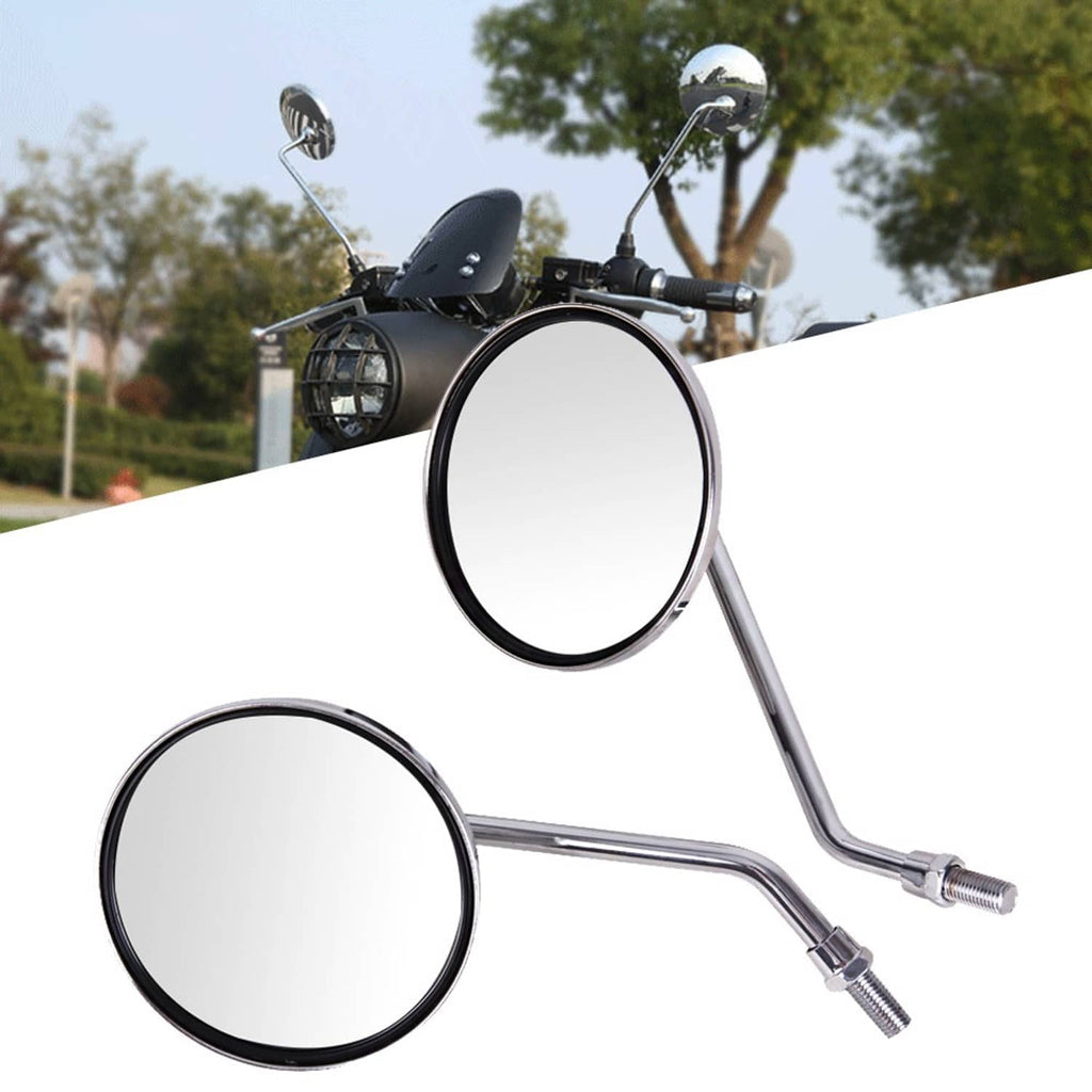 Motorcycle rearview mirror set, chrome round heads with black edge trim, two mirrors shown