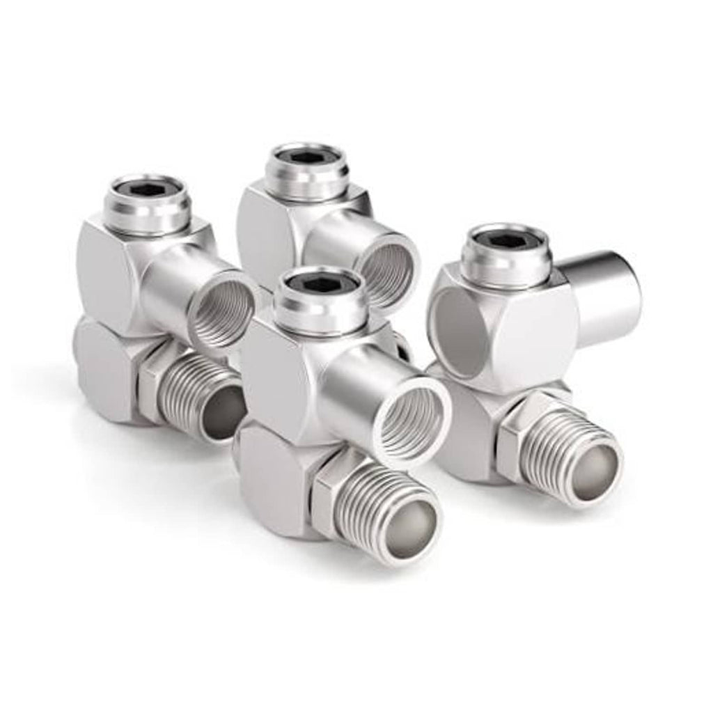 Pack of 4 silver air tool swivel fittings with threaded ends and hex connectors