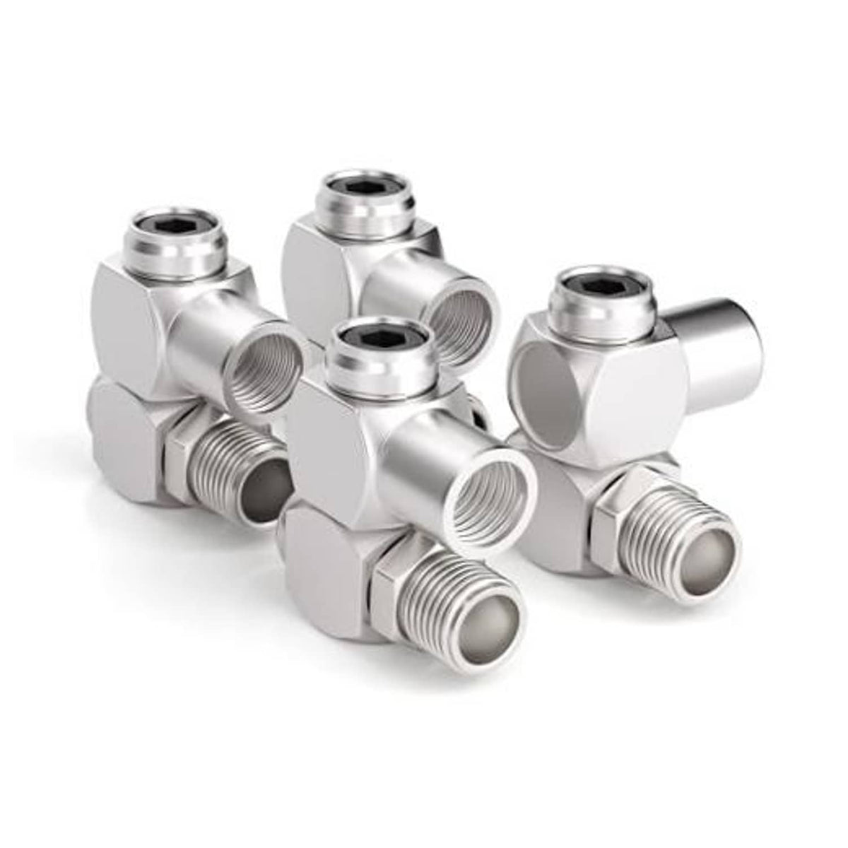 Pack of 4 silver air tool swivel fittings with threaded ends and hex connectors