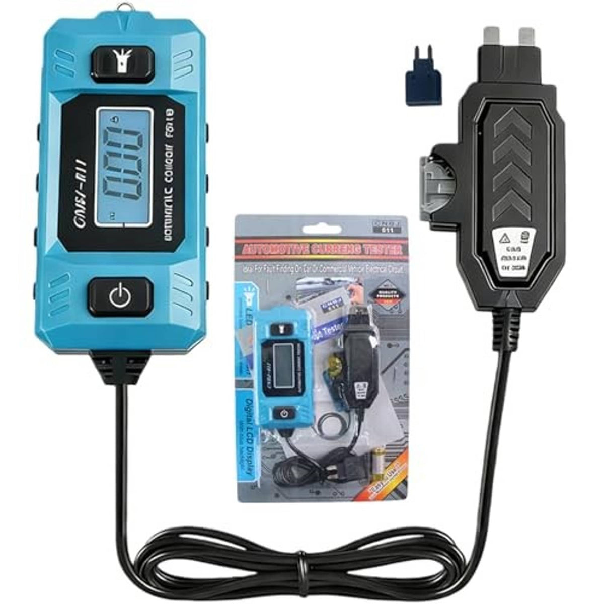 Blue current fault tester with LCD display, black adapter plug, and included cable set