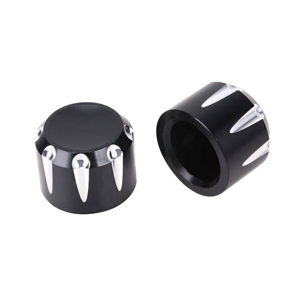 Pair of black axle cap nut covers with chrome spikes, front and side view