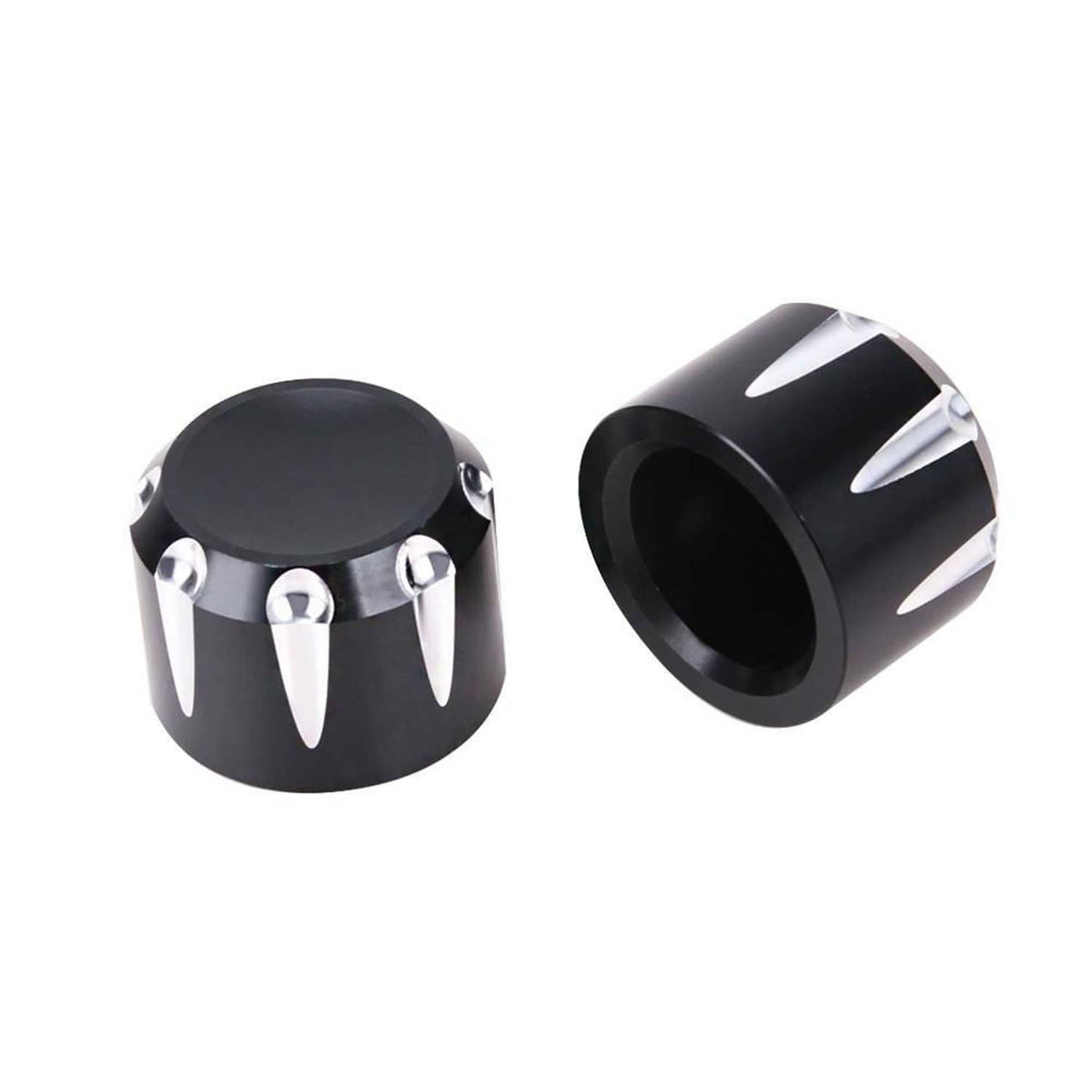 Pair of black axle cap nut covers with chrome spikes, front and side view