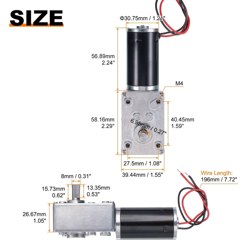 Motor size diagram showing black cylinder, wiring leads, and mounting dimensions