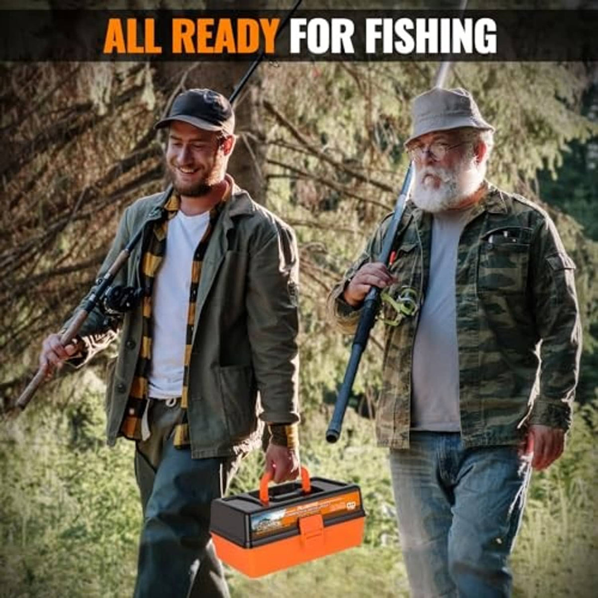 Orange and black fishing tackle box carried outdoors by two anglers