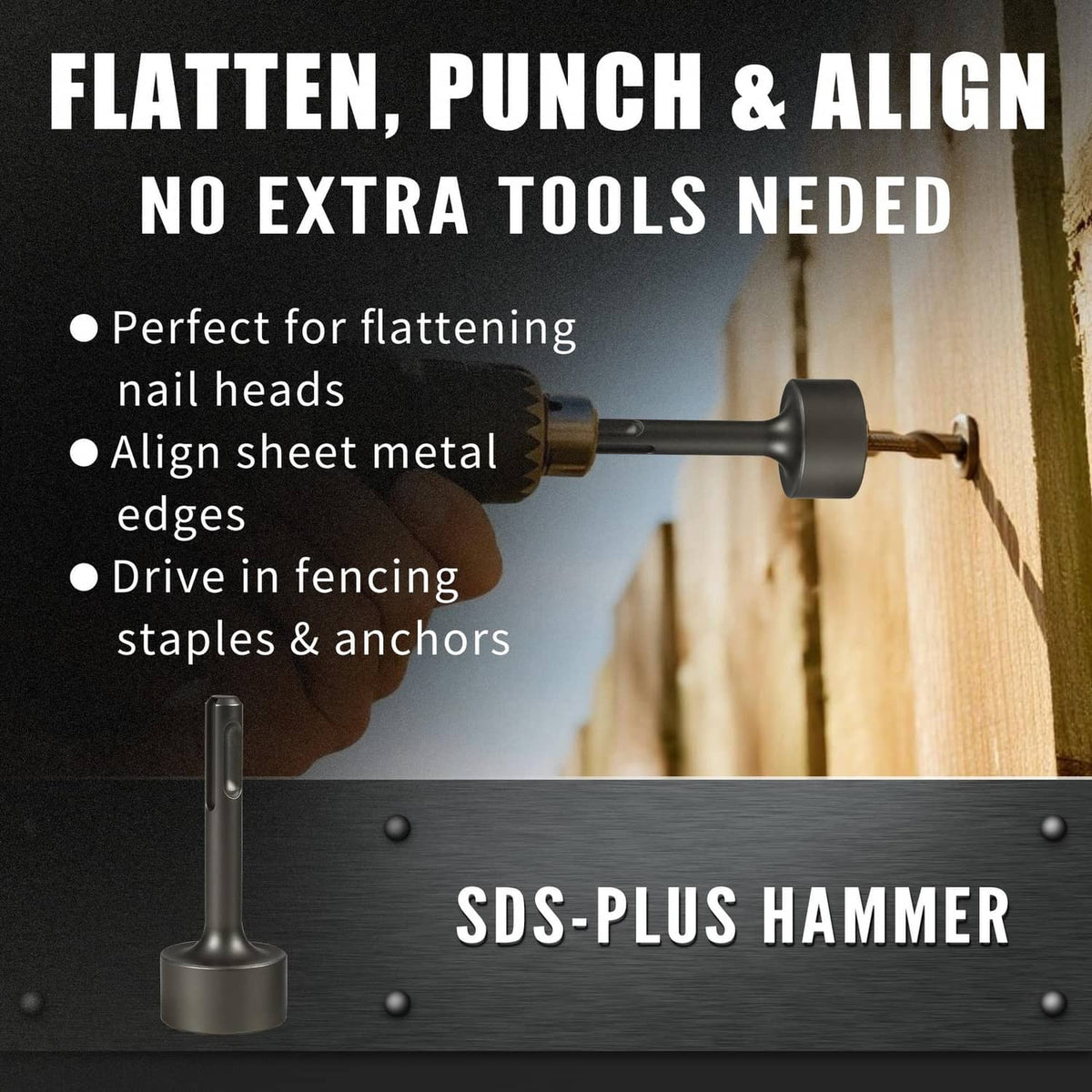 SDS-Plus hammer drill attachment for flattening and aligning, dark steel punch tip