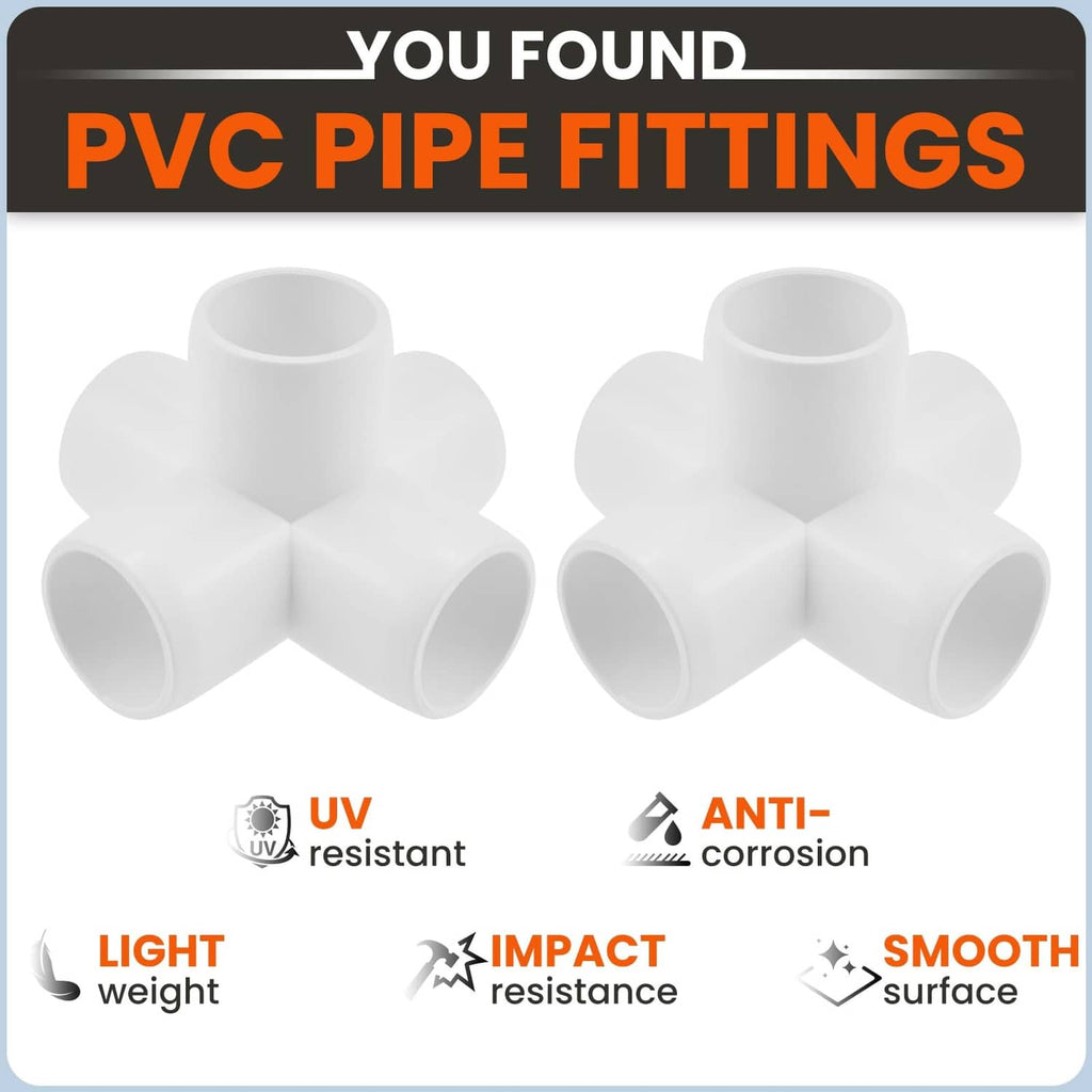 White PVC 4-way pipe fitting cross with four socket openings, two-pack view