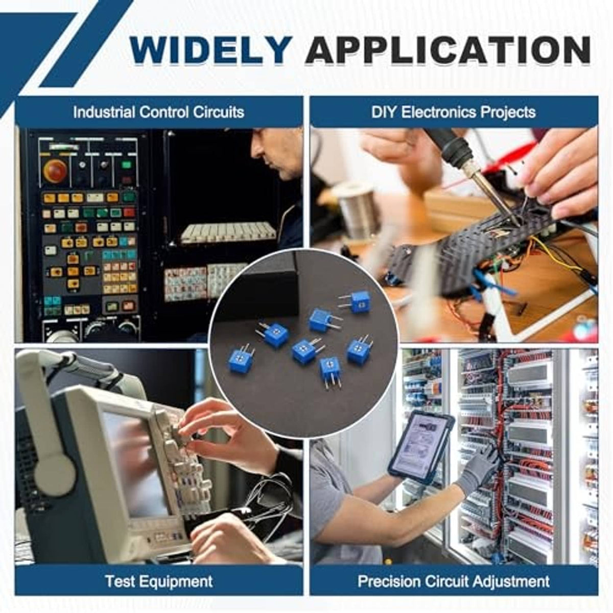 Blue side-adjustable trimmer potentiometers used in DIY electronics and control circuits