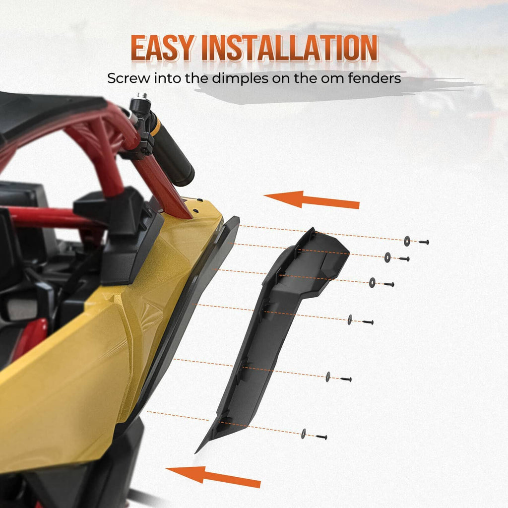 Black fender flare panel with screw-in mounting placement on UTV front