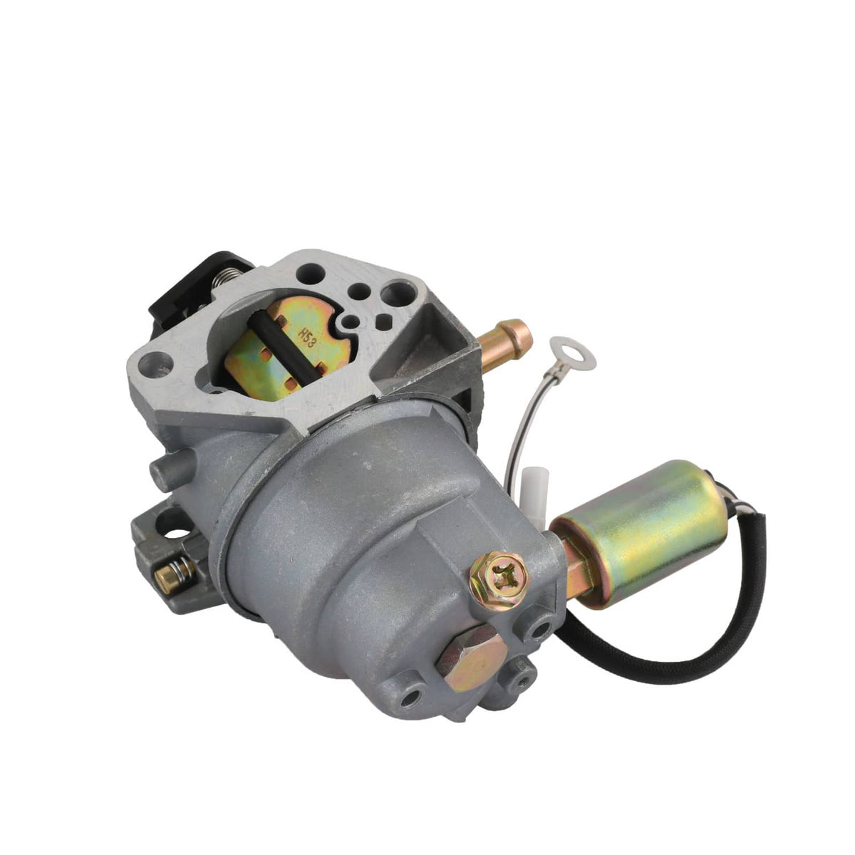 Carburetor assembly with gray housing, rainbow cylinder, and two electrical leads