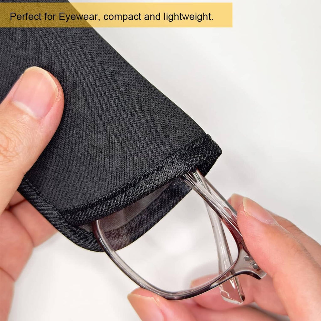 Hand inserting eyeglasses into a black slim pouch with stitched rim